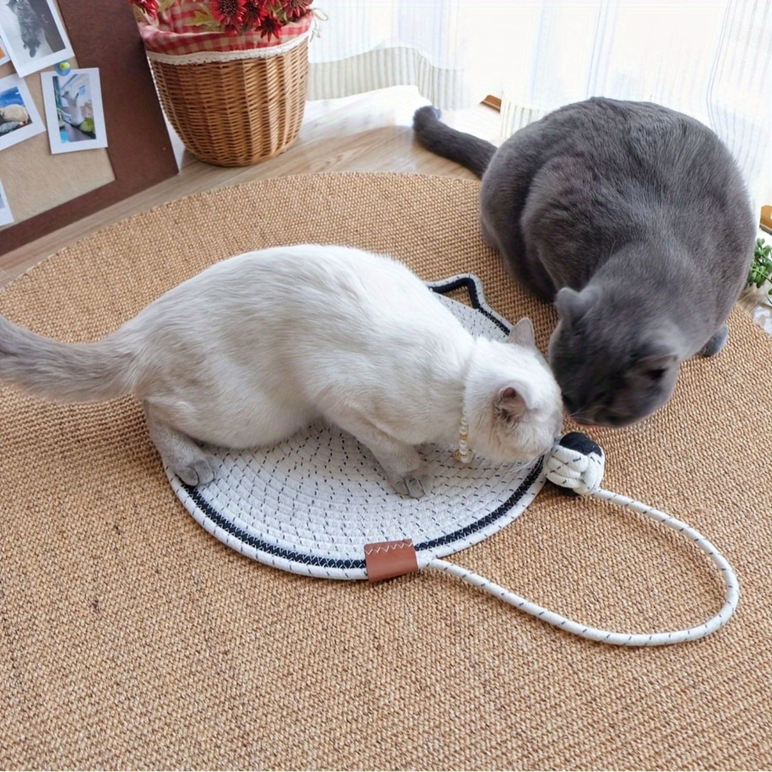 twee katten snuffelen op witte ronde krabmat